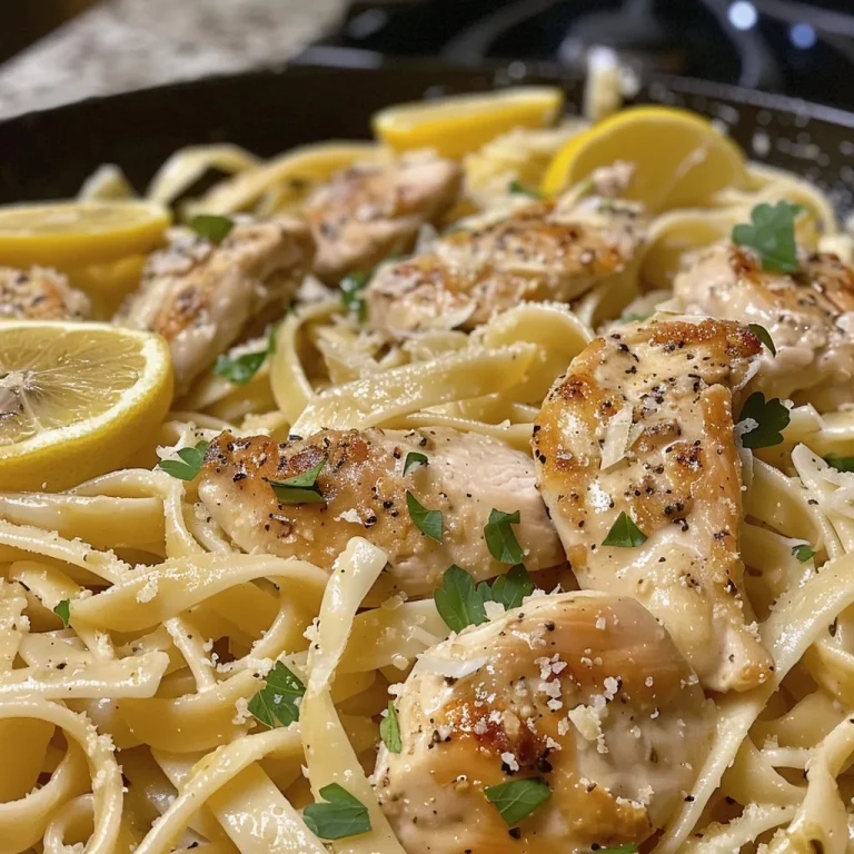 Close-up of a plate of Lemon Chicken Pasta with fettuccine, chicken, and lemon slices.