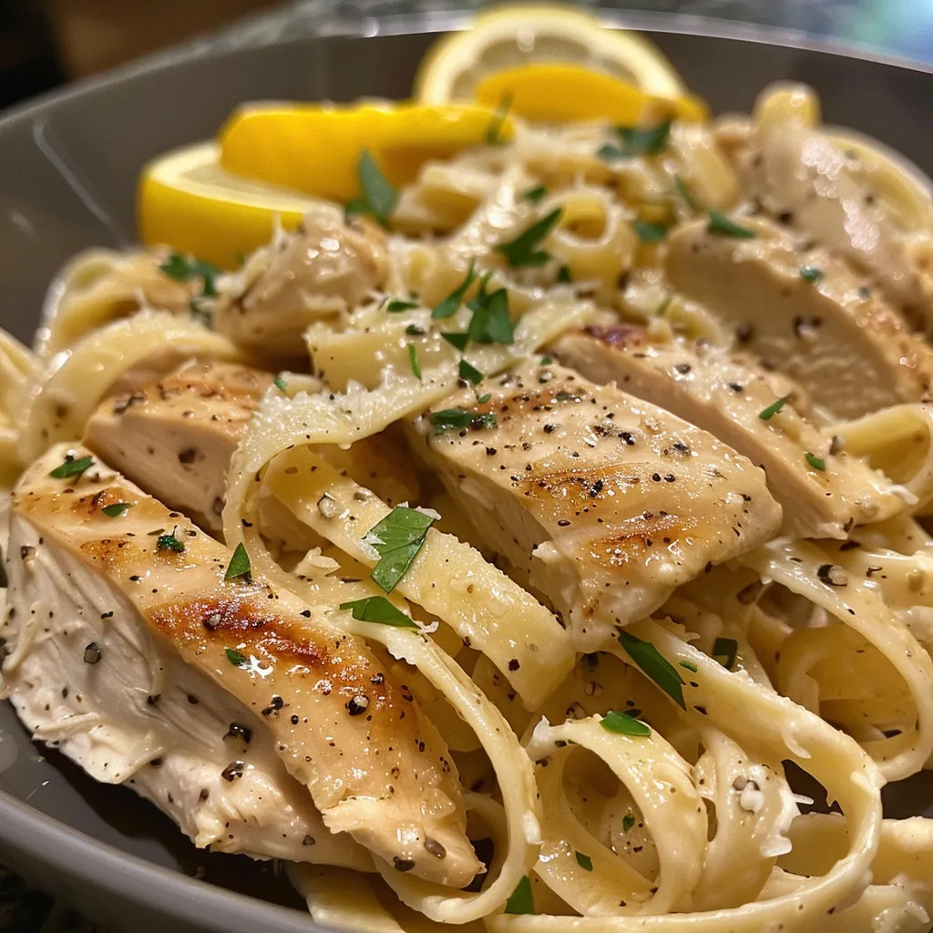 Side view of a creamy Lemon Chicken Pasta dish garnished with parsley and lemon slices.