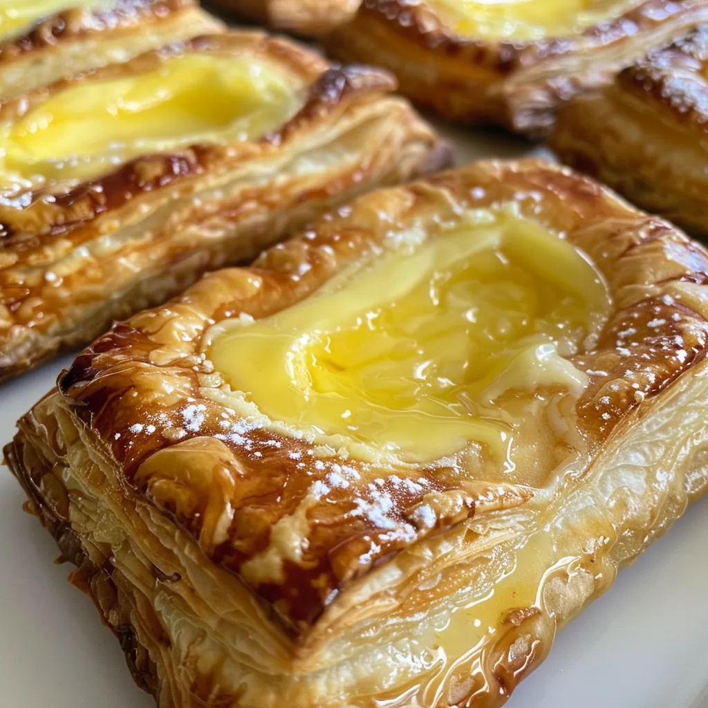 Side angle of a flaky pastry filled with cream cheese and lemon curd, topped with zest.