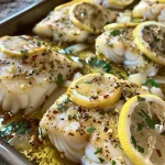 Close-up of baked cod fillet garnished with lemon slices and parsley.