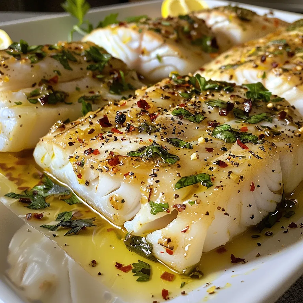 Juicy lemon garlic butter cod served on a white plate with fresh herbs.