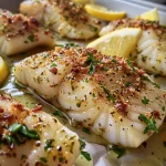 Close-up view of cooked Lemon Garlic Butter Cod fillets garnished with fresh parsley.
