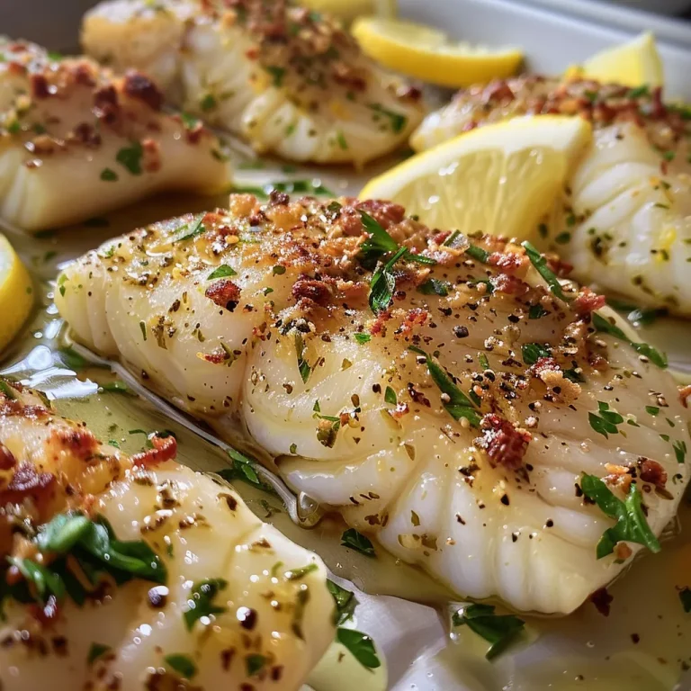 A Mediterranean Delight: Savoring Lemon Garlic Butter Cod with Every Bite Close-up view of cooked Lemon Garlic Butter Cod fillets garnished with fresh parsley.