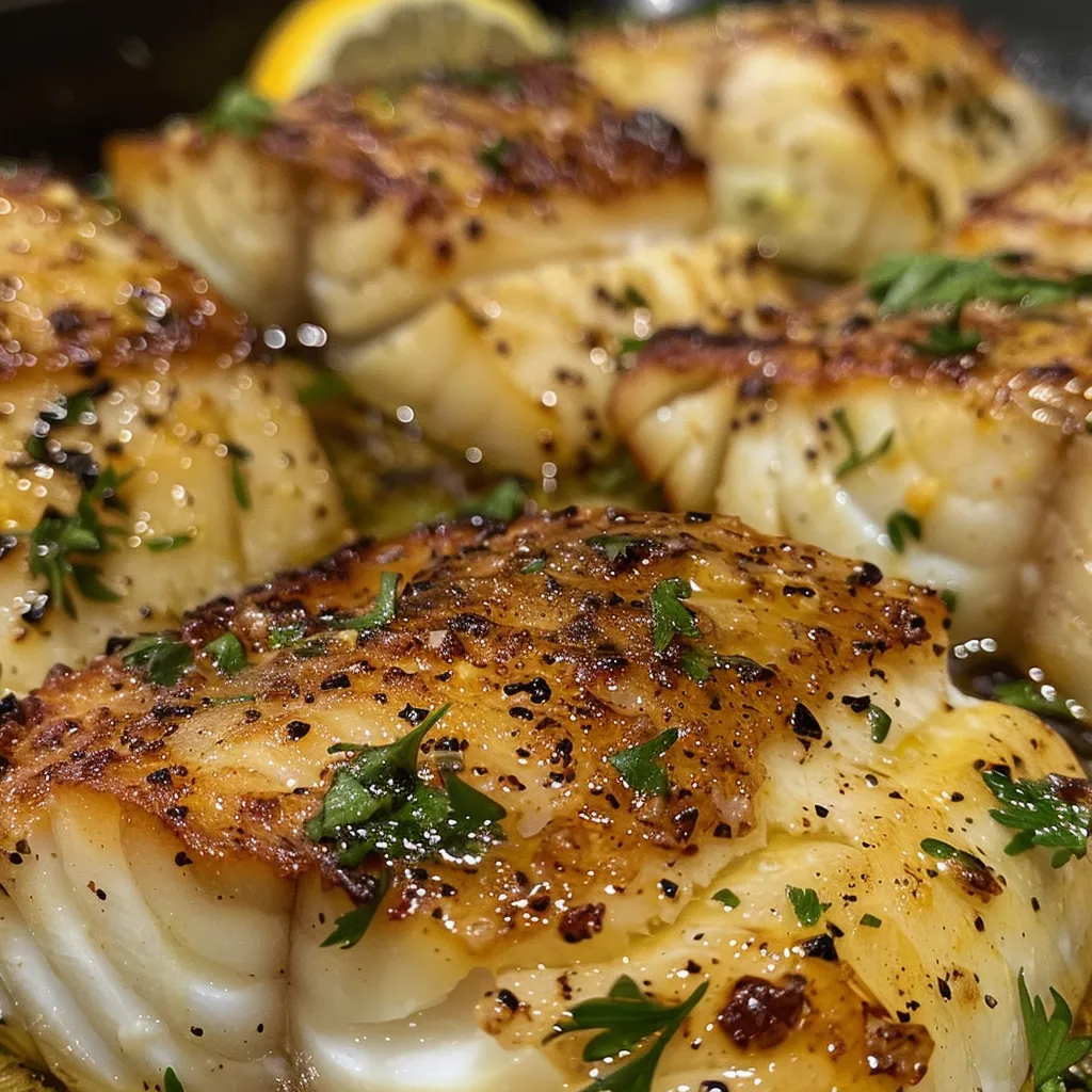 Juicy Lemon Garlic Butter Cod served on a plate, with lemon slices and herbs for decoration.