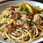 Close-up of a bowl of Lemon Garlic Chicken Pasta featuring linguine, chicken, and lemon slices.