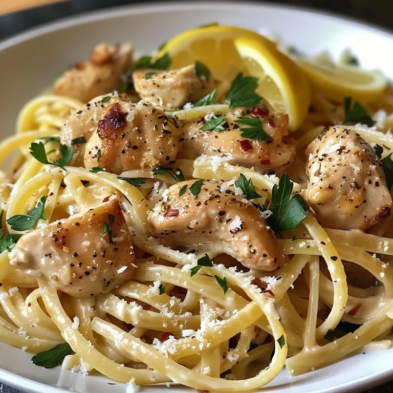 Close-up of a bowl of Lemon Garlic Chicken Pasta featuring linguine, chicken, and lemon slices.