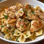 Close-up of juicy lemon garlic chicken served on creamy bowtie pasta.