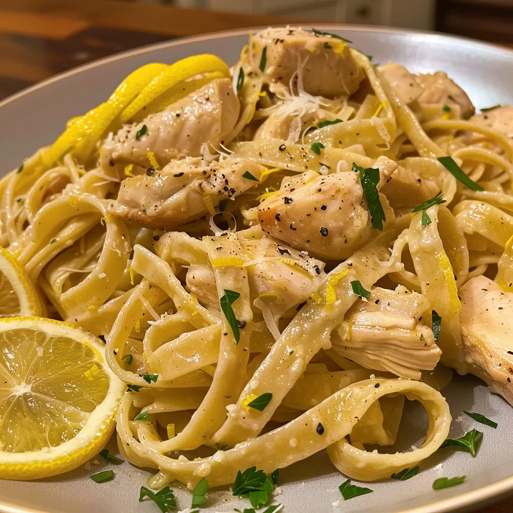 Side view of a vibrant Lemon Garlic Chicken Pasta served with fresh parsley and grated Parmesan.