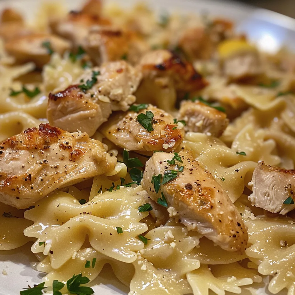 Side view of a plate featuring zesty lemon garlic chicken and bowtie pasta.