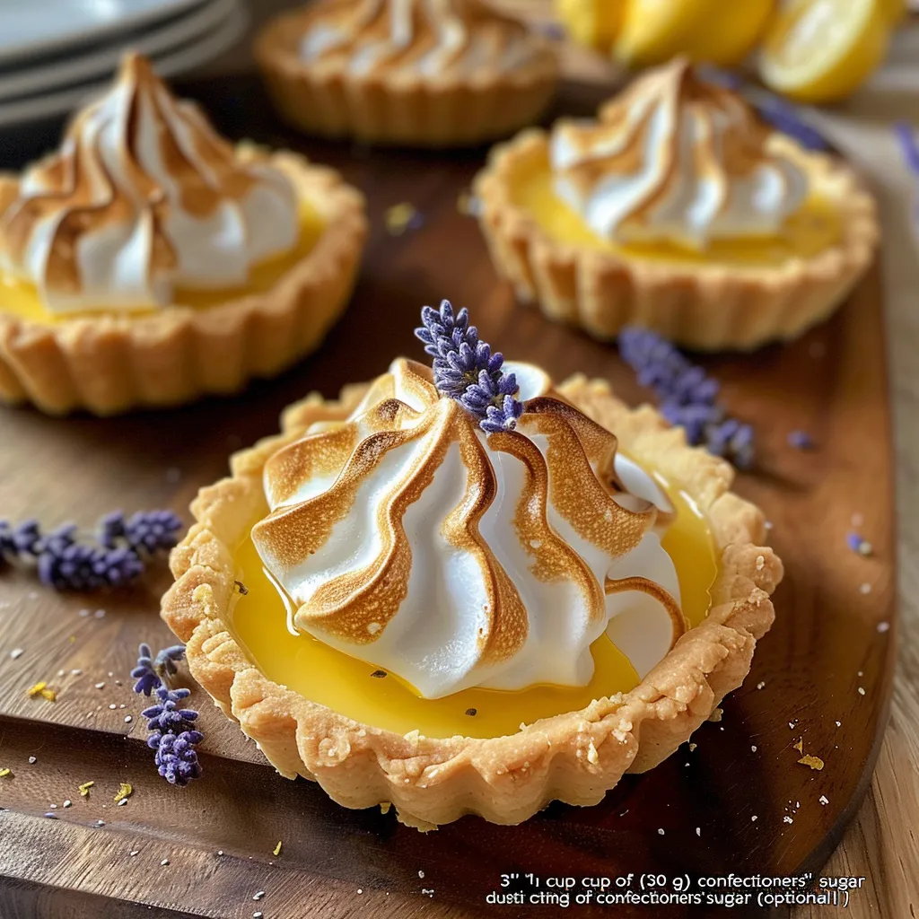 Side view of individual Lemon Lavender Meringue Tartlets topped with delicate meringue and lemon zest.