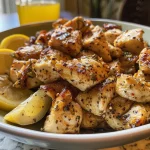 Close-up of a Lemon Pepper Chicken Bowl topped with creamy lemon sauce and herbs.