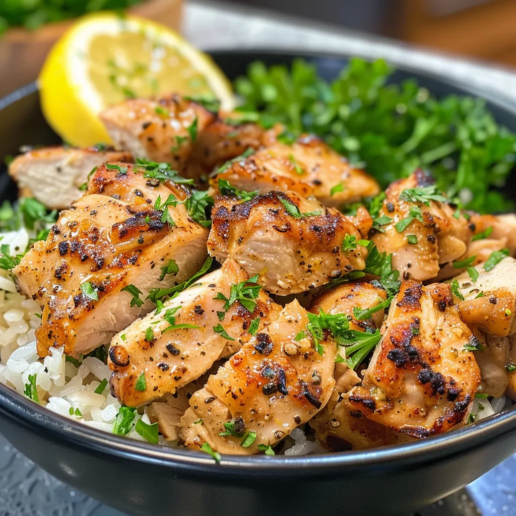 Juicy Lemon Pepper Chicken pieces in a bowl, garnished with fresh dill and lemon slices.