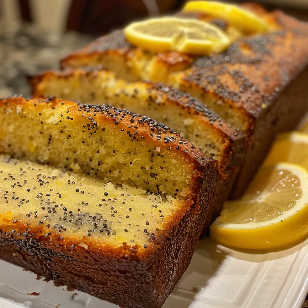 A slice of lemon poppy seed loaf cake, displaying a sprinkle of poppy seeds and a glossy lemon glaze on top.