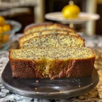 Close-up view of a moist Lemon Poppy Seed Loaf with a golden crust.