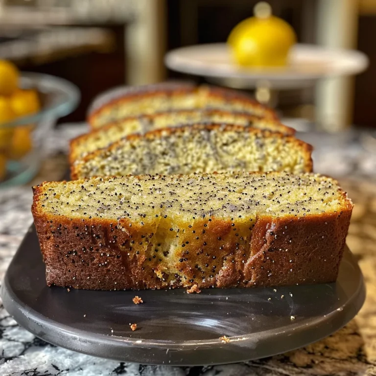 Close-up view of a moist Lemon Poppy Seed Loaf with a golden crust.