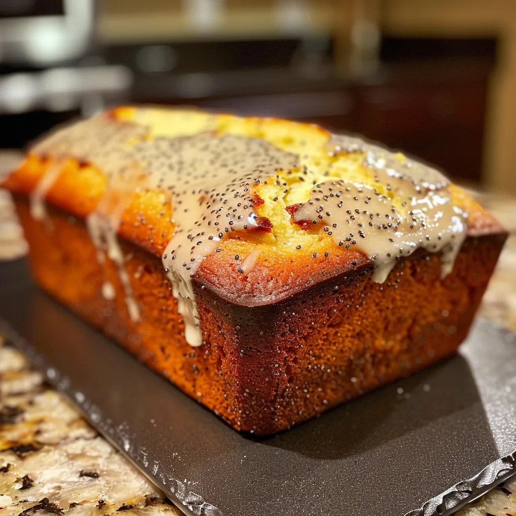 Side angle of a freshly baked Lemon Poppy Seed Loaf showcasing its texture and lemon glaze.
