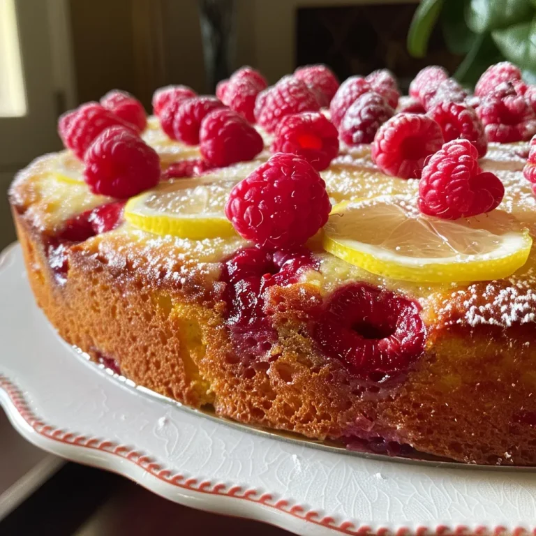 A Slice of Sunshine: Crafting the Perfect Lemon Raspberry Cake A close-up side view of a moist Lemon Raspberry Cake topped with fresh raspberries and lemon glaze.