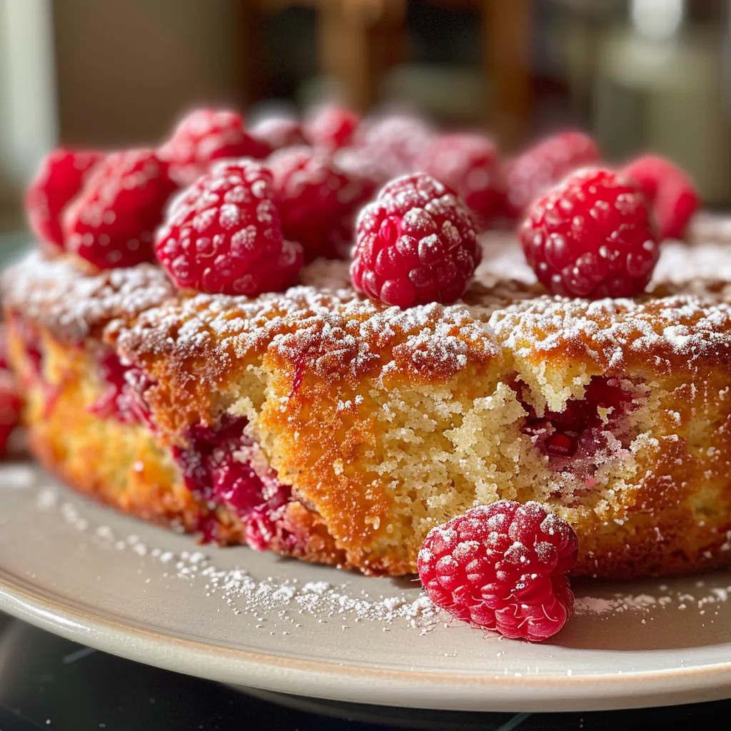 A detailed side view of a Lemon Raspberry Cake showcasing its fluffy texture and vibrant raspberry filling.