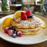 A stack of golden-brown Lemon Ricotta Pancakes topped with mixed fresh berries and a drizzle of maple syrup.