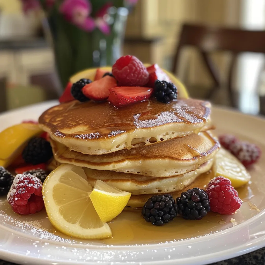 Close-up view of fluffy Lemon Ricotta Pancakes garnished with vibrant berries and a dusting of powdered sugar.