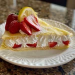 A side view of a Lemon Strawberry Crepe Cake showcasing layers of crepes and strawberry filling.