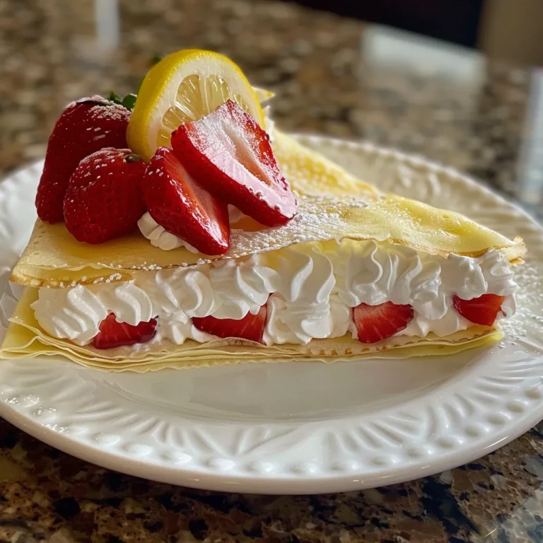 A side view of a Lemon Strawberry Crepe Cake showcasing layers of crepes and strawberry filling.
