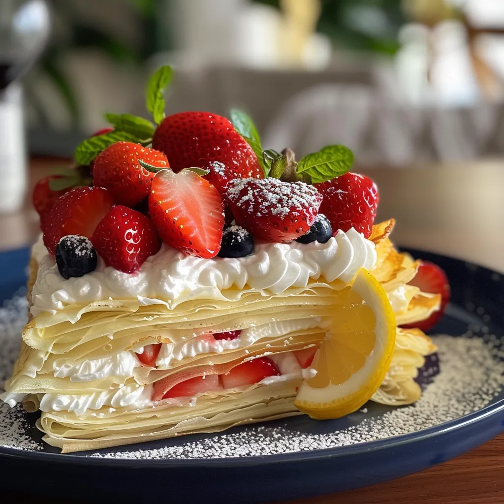 Close-up of a Lemon Strawberry Crepe Cake, highlighting the creamy texture and fresh strawberries.