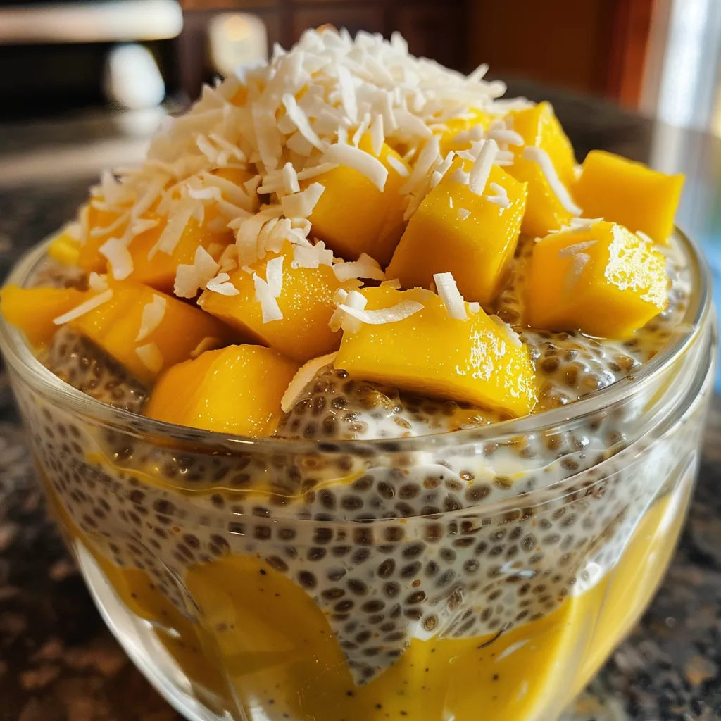 Side angle of a vibrant mango coconut chia pudding topped with shredded coconut.
