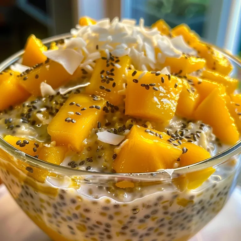 Awakening to Tropical Bliss: My Mango Coconut Overnight Oats Adventure Close-up of mango coconut overnight oats in a clear jar with fresh mango chunks on top.