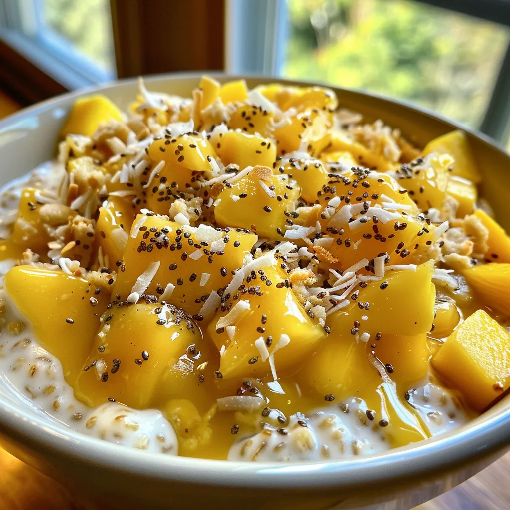 Side view of creamy overnight oats with mango and coconut, garnished with shredded coconut.