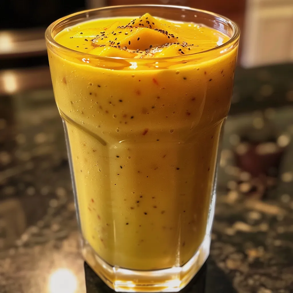 Side view of a vibrant mango peach smoothie topped with chia seeds and flaxseed.