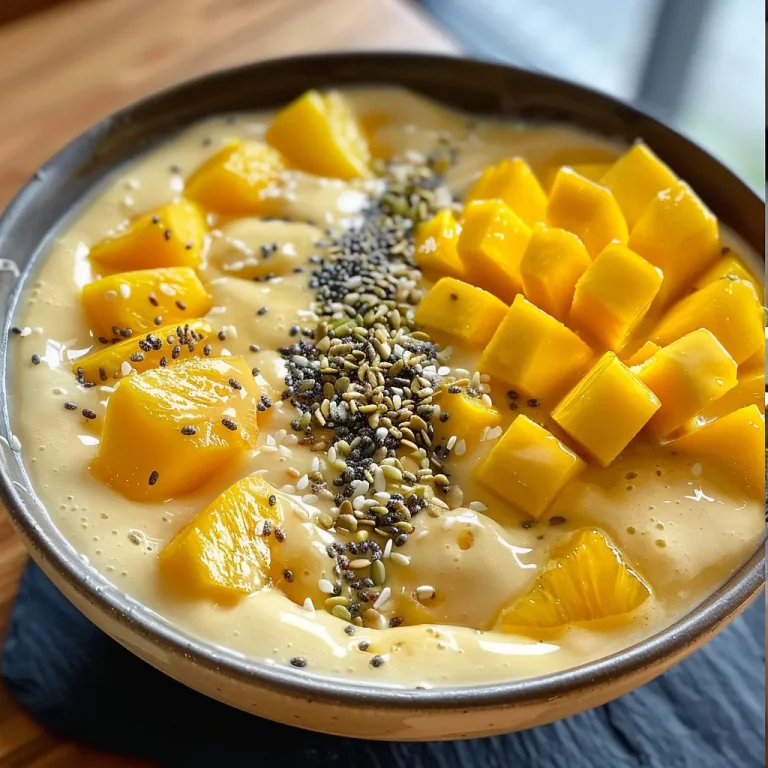 Close-up of a vibrant mango pineapple smoothie bowl garnished with fresh fruits and seeds.