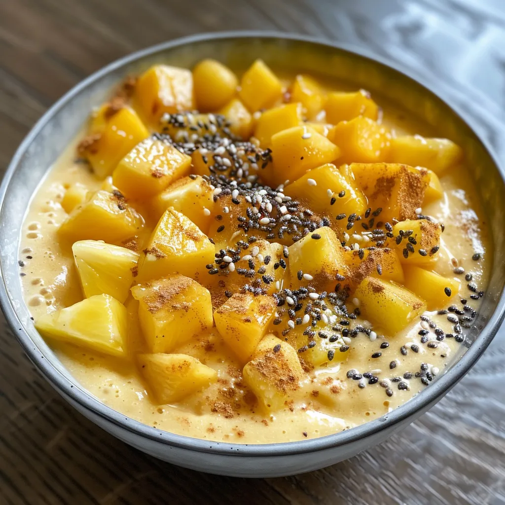 Side view of a creamy smoothie bowl featuring mango and pineapple, topped with granola and coconut flakes.