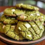 Close-up of matcha white chocolate cookies with a soft, chewy texture.