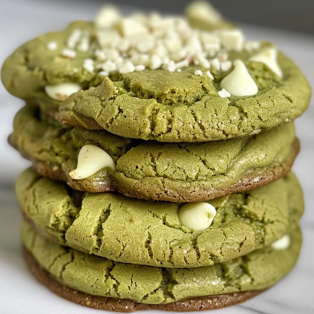 Side view of matcha white chocolate cookies showing their vibrant green color and white chocolate chunks.