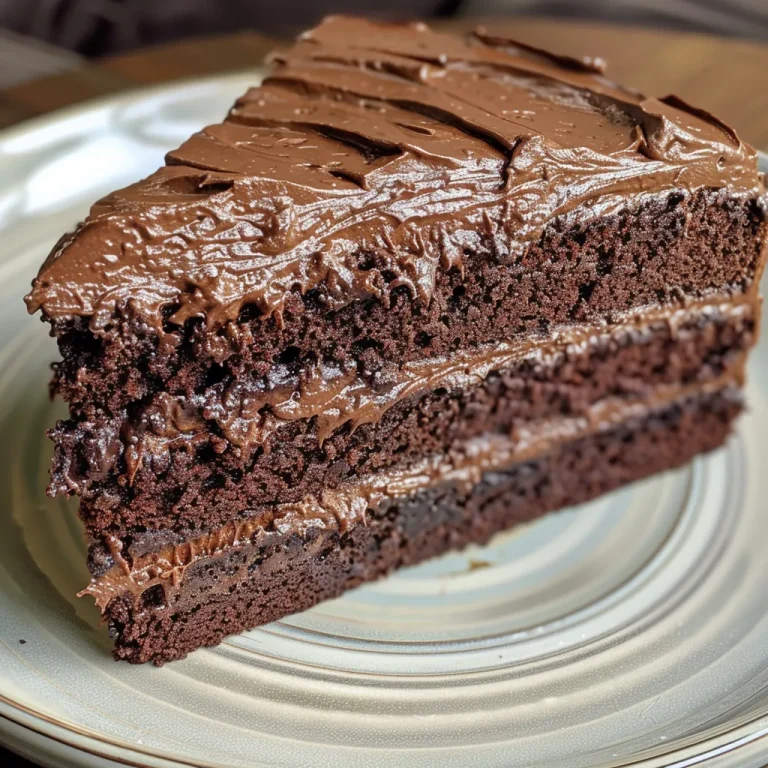 Close-up side view of a moist and decadent Matilda Chocolate Cake with rich frosting.