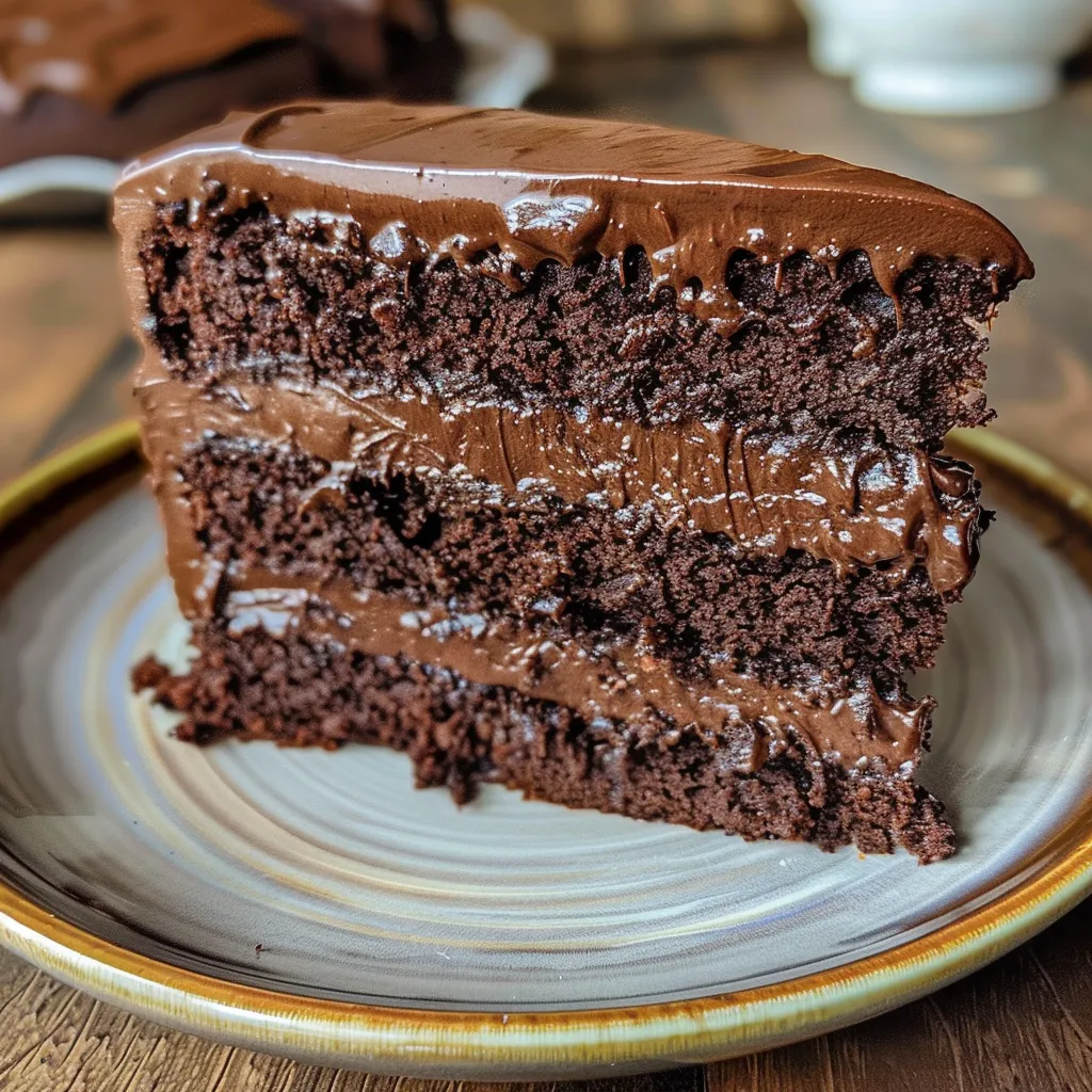 A slice of Matilda Chocolate Cake showing layers of chocolate sponge and creamy frosting.