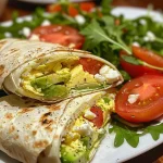 Close-up side view of a delicious Mediterranean egg wrap filled with colorful ingredients.