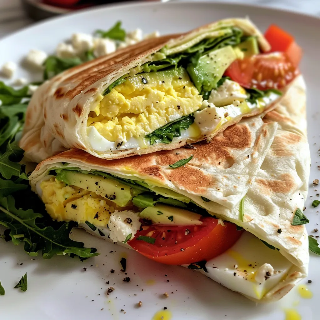 Side view of a juicy Mediterranean egg wrap showcasing avocado, tomato, and arugula.