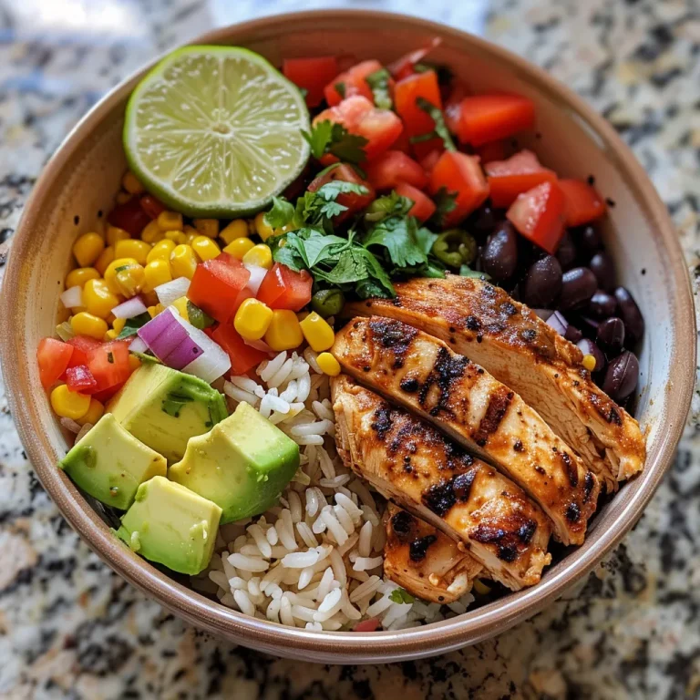 A vibrant Mexican Chicken and Rice Bowl with colorful ingredients arranged artfully.