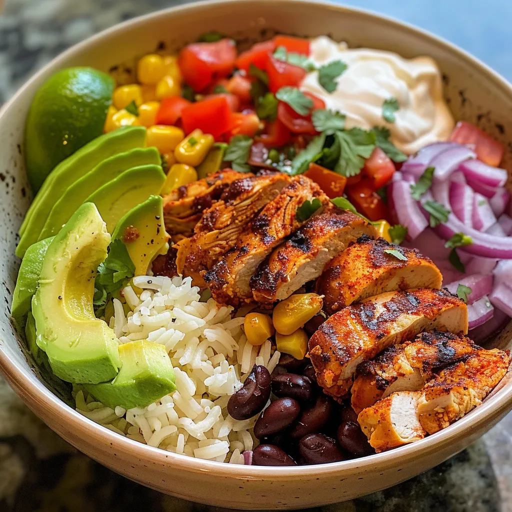 Close-up of a bowl filled with chicken, rice, avocado, and garnished with herbs.