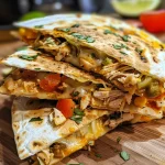 A juicy Mexican Chicken Quesadilla with melted cheese and colorful vegetables, captured from a side view.