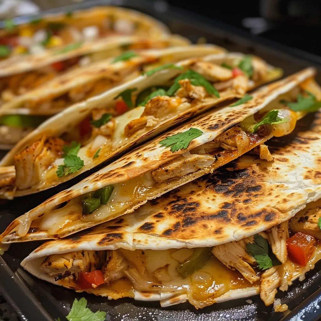 Close-up of a golden brown quesadilla filled with shredded chicken, cheese, and fresh toppings.