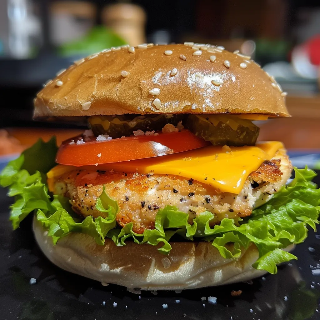 A detailed side view of a mini chicken burger featuring fresh lettuce, tomato, and melted cheese.