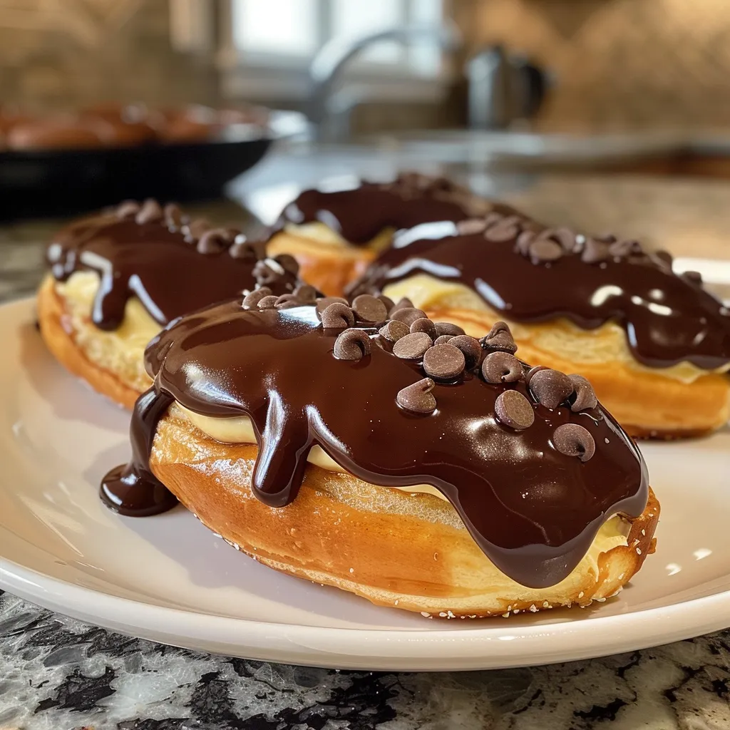 A side view of decadent mini chocolate eclairs filled with creamy filling.