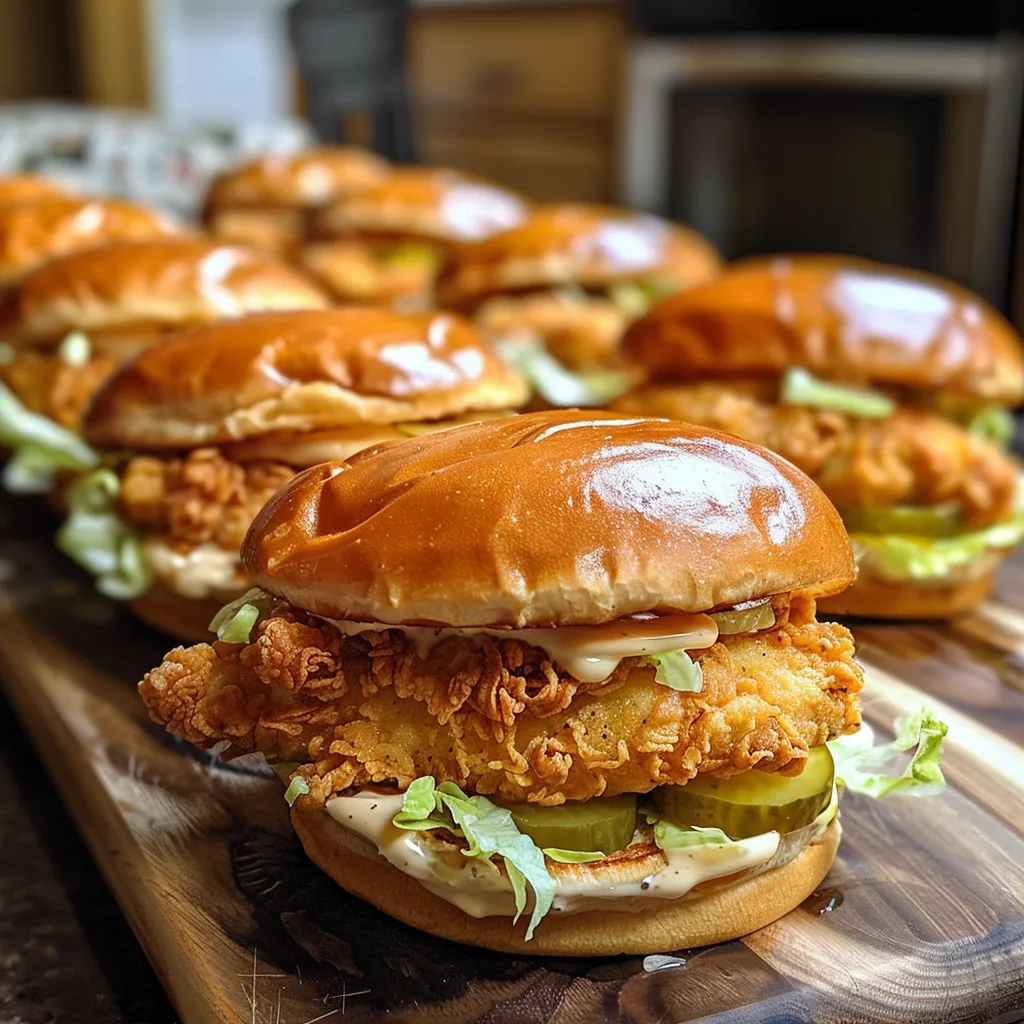 Side view of juicy Mini Crispy Chicken Sandwiches stacked on a wooden board.