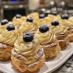 Close-up view of a mini lemon cream puff filled with lemon cream and topped with blueberries.