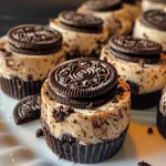 Close-up of Mini Oreo Cheesecake Bites arranged on a plate, showcasing creamy layers and Oreo topping.