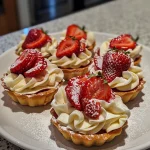 Close-up view of mini strawberry tarts topped with fresh strawberries and whipped cream.