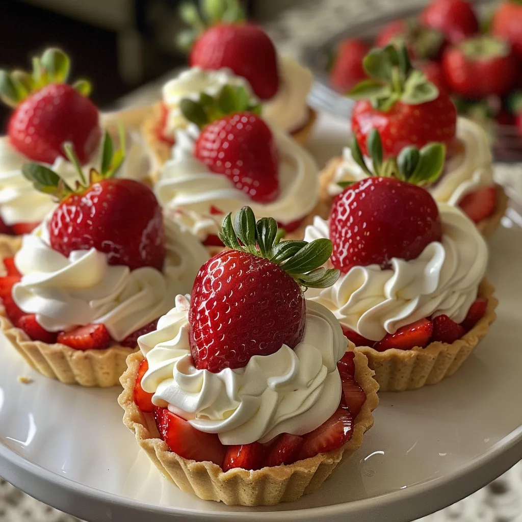 Side view of delectable mini strawberry tarts on a white plate, showcasing their creamy filling and fruit topping.
